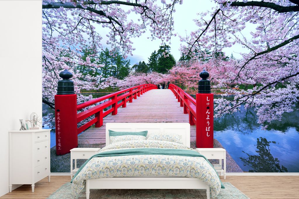 MuchoWow Fototapete für Wohnzimmer oder Schlafzimmer Wandtapete Vinyl Motivtapete Kirschblütenbäume an einer roten Brücke in Japan - 600x400 ...