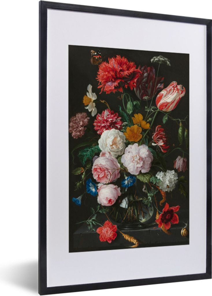 MuchoWow MuchoWow Gerahmtes Poster Stilleben mit Blumen in einer Glasvase - Gemälde von Jan Davidsz. de Heem 40x60 cm - Poster mit zchwarzem B...