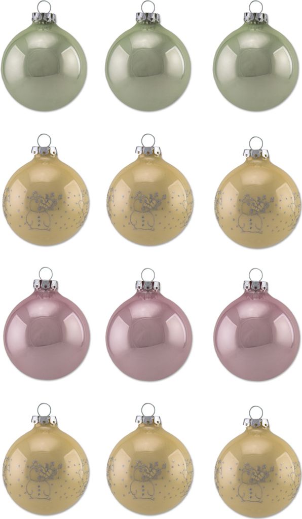 Thüringer Glasdesign Weihnachtskugel-Set 6cm 12-tlg. - Pastell mit Glitzer Nachbildung lustige Schneemänne
