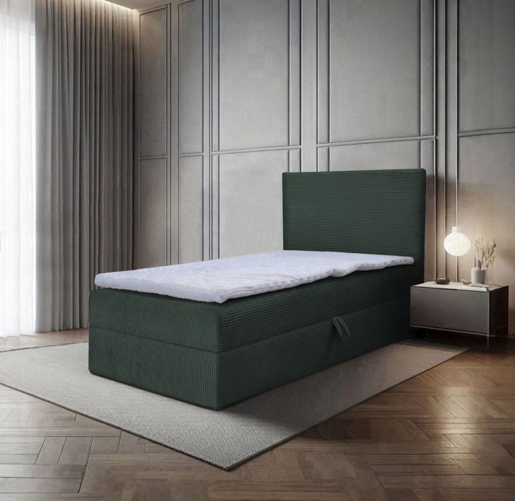 Bett, Boxspringbett, Continentalbett BERG POSO MINI mit Bonell Matratze, Einzelbett mit Container, H3 (80x200 cm, Dunkelgrün - Poso 14, Topper T25)