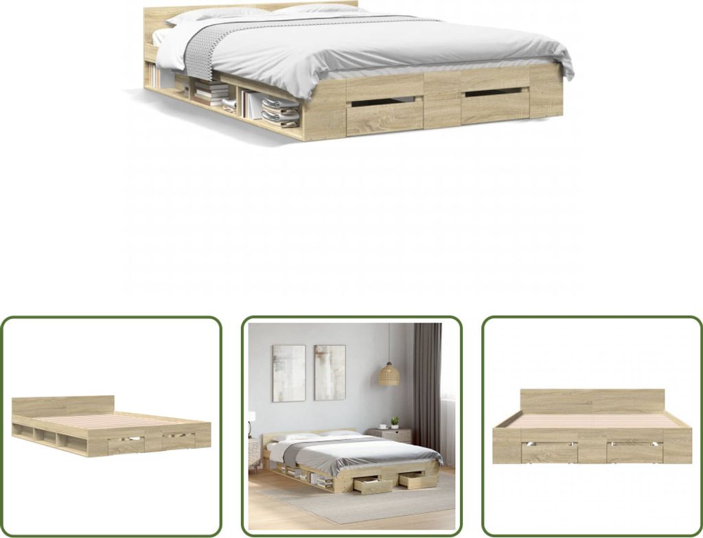 The Living Store Bettgestell mit Schubladen Sonoma-Eiche Produktbild 