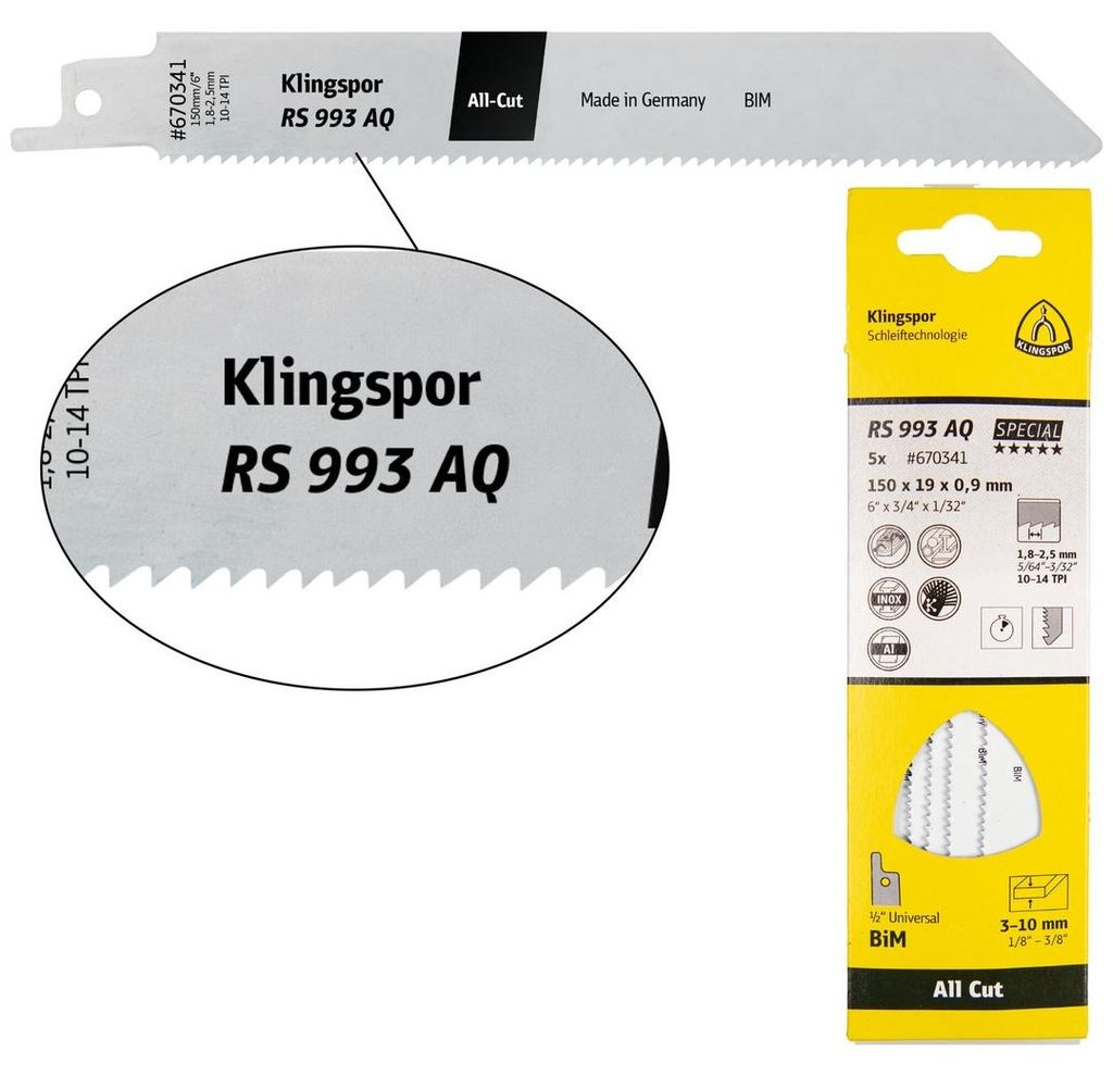 Klingspor RS 993 AQ Säbelsägeblätter, 300 x 19 x 0,9 mm Nutzlänge 280Bi-Metall, gefräst, geschränkt , 10-14 Zähne pro Zoll, SB-verpackt im K...