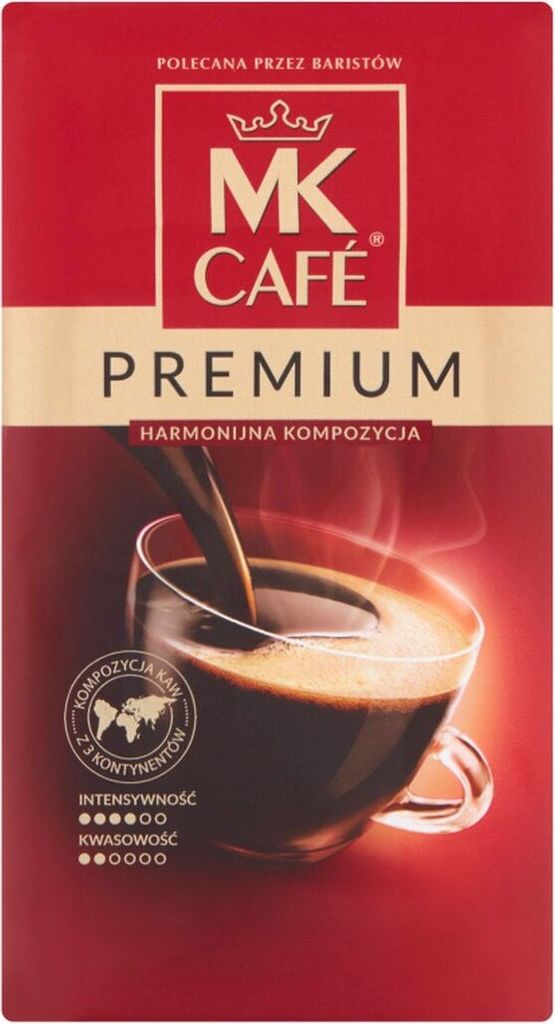 A product shot of MK Cafe Premium ground coffee packaging, featuring a steaming cup of coffee.