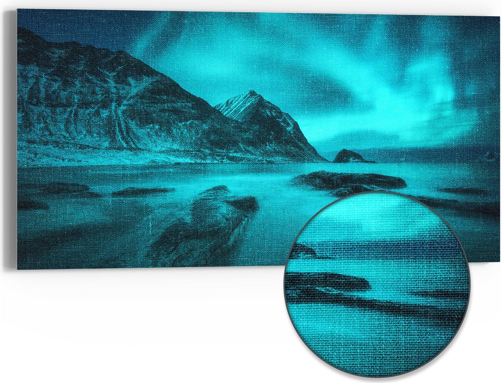 DEQORI Hybrid Leinwand Bild 60x30 cm 'Polarlichter in Norwegen' Wandbild Glas flach modern