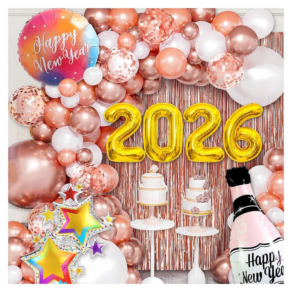 Neujahrsdekoration 2026: Schwarze, goldene und silberne Latexballons, Folienbuchstaben-Ballonbanner-Set für Silvester- und Abschlussballpartys