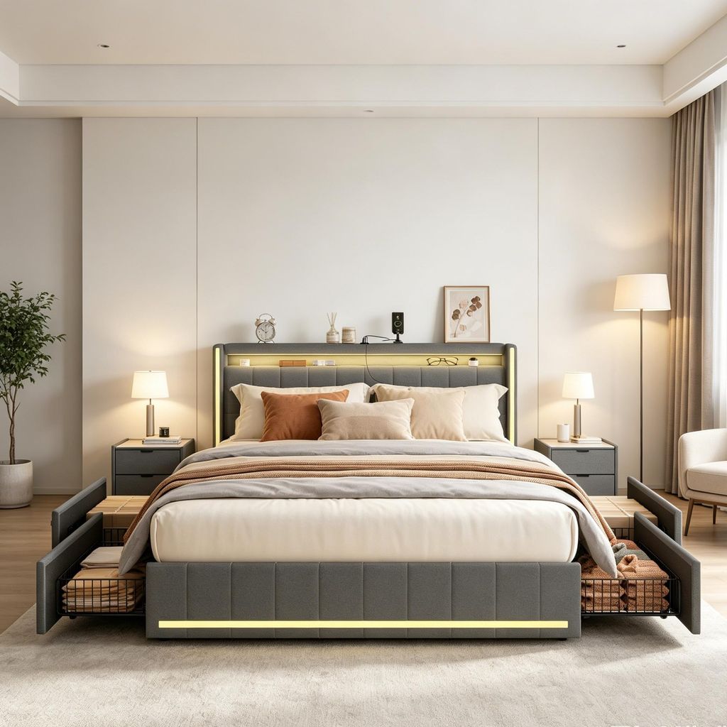 INONEFT Lit capitonné 160 x 200 cm avec 4 tiroirs, lit pour Image du produit 