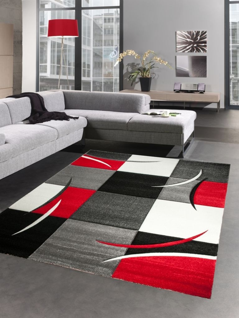 Designer Teppich Wohnzimmerteppich karo rot grau creme schwarz Größe - 80 x 300 cm