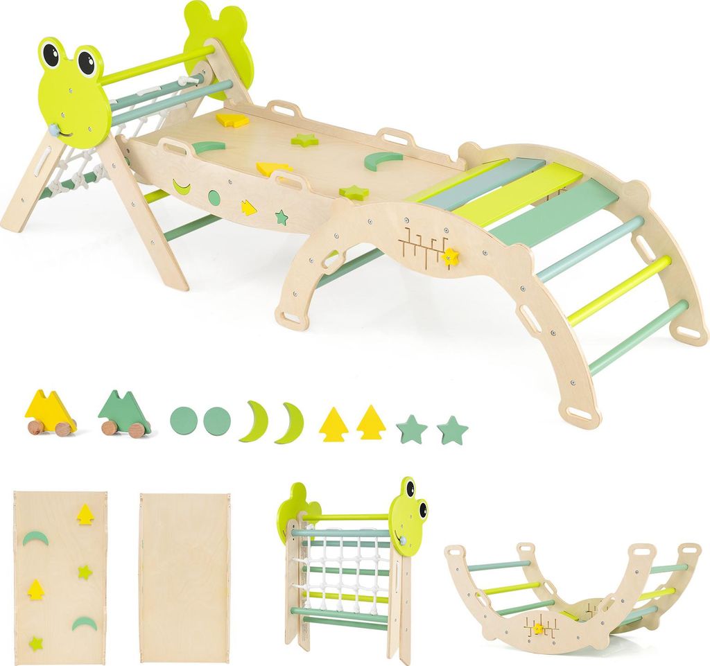 COSTWAY Klettergerüst Indoor 3er Set, klappabres Kletterdreieck mit Rutsche, Kletterbogen, Netz, doppelseitige Rampe, Baustein Set&2 Autos, Kinder 1+