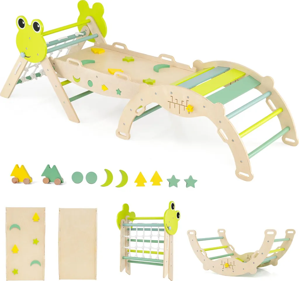 Triangle d'escalade pliable en bois avec toboggan et filet de motricité
