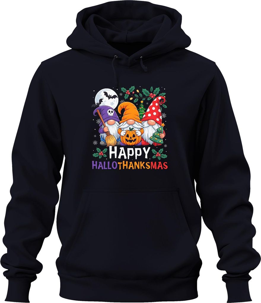 Gnome Happy HalloThanksMas Halloween Kürbis Weihnachten Geschenk Uni Hoodie Kapuzenpullover, Navy, L