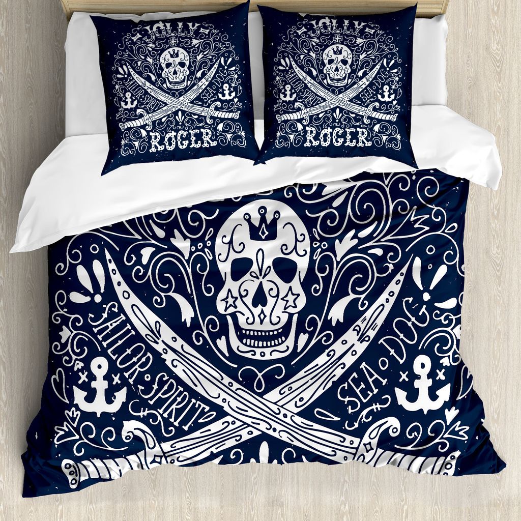 ABAKUHAUS Schädel Bettbezug, Piraten Jolly Roger Flagge, Milbensicher Allergiker geeignet mit Kissenbezügen, 155 cm x 220 cm - 80 x 80 cm, Dunkel...