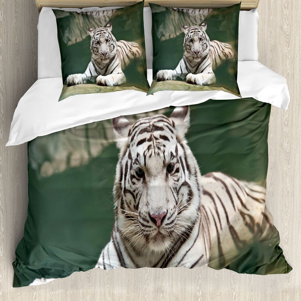 ABAKUHAUS Tiger Bettbezug, Weißer Tiger-Schwimmen-Spaß, Milbensicher Allergiker geeignet mit Kissenbezügen, 200 cm x 200 cm - 80 x 80 cm, Teal w...