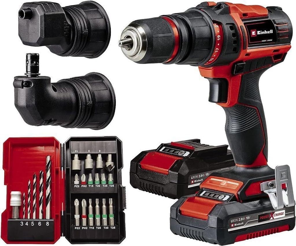 A collection of power tool accessories, including a cordless drill, batteries, charger, and a bit set, arranged on a white background.