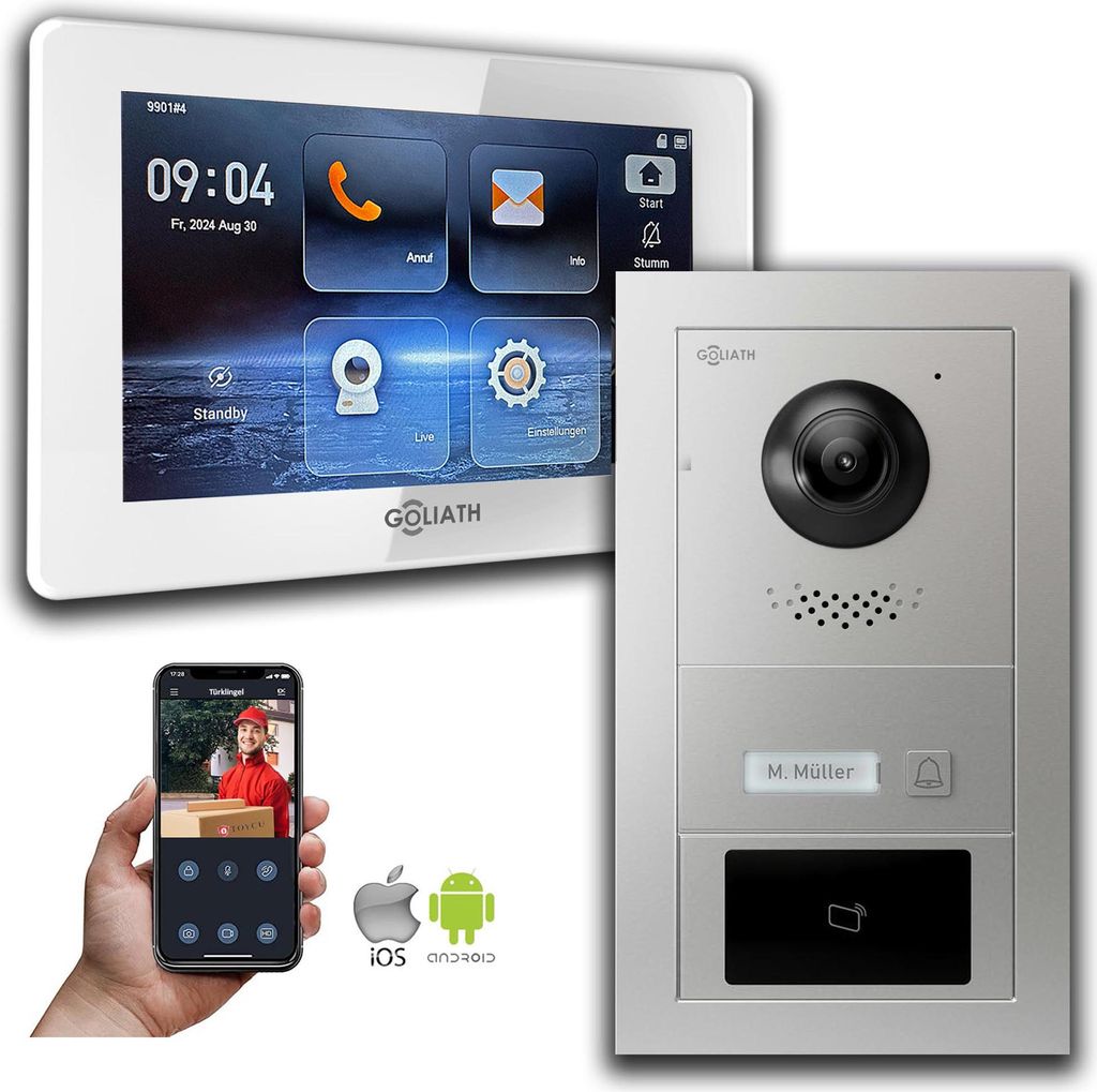 Goliath IP Video Türsprechanlage mit Kamera 7-Zoll RFID Silber : Aufputzdose : 7 Zoll in Weiß : 1 Monitor Monitor Anzahl: 1 Monitor Monitor Ausw...