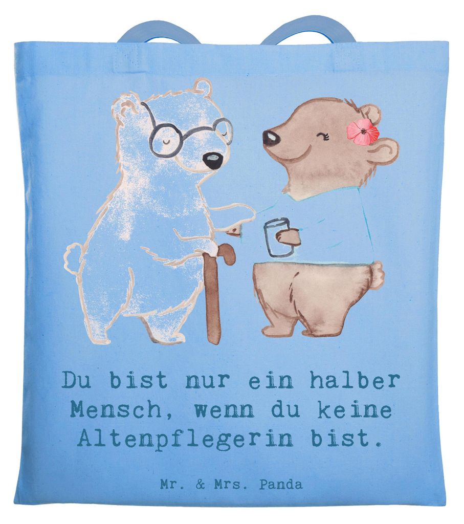 Mr. & Mrs. Panda Tote Bag Altenpflegerin Herz - Sky Blue - Geschenk, Shopping Tasche, Beruf, Jutebeutel, Uni, dokumententasche, Lustig, Spruch, Witzig