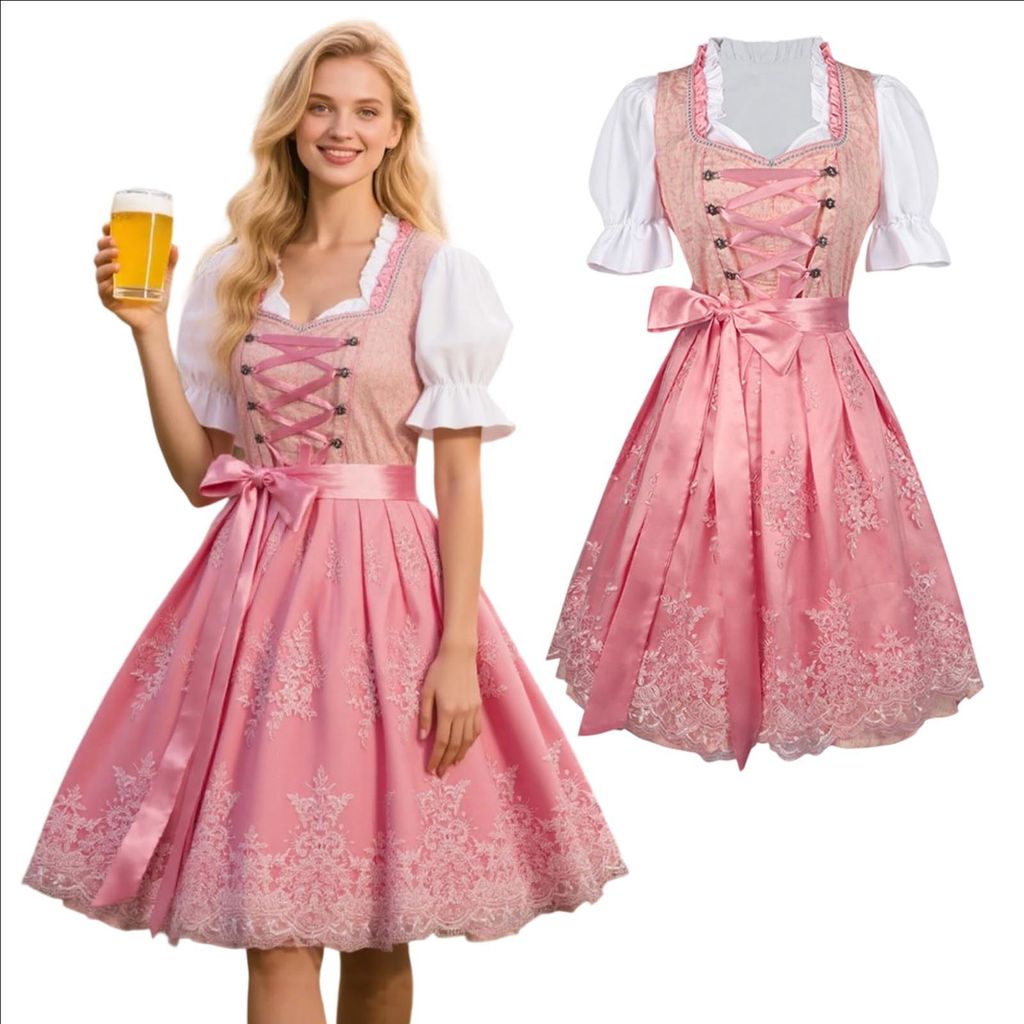 Abito dirndl da donna, modello midi, rosa ricamato, abito Immagine del prodotto 