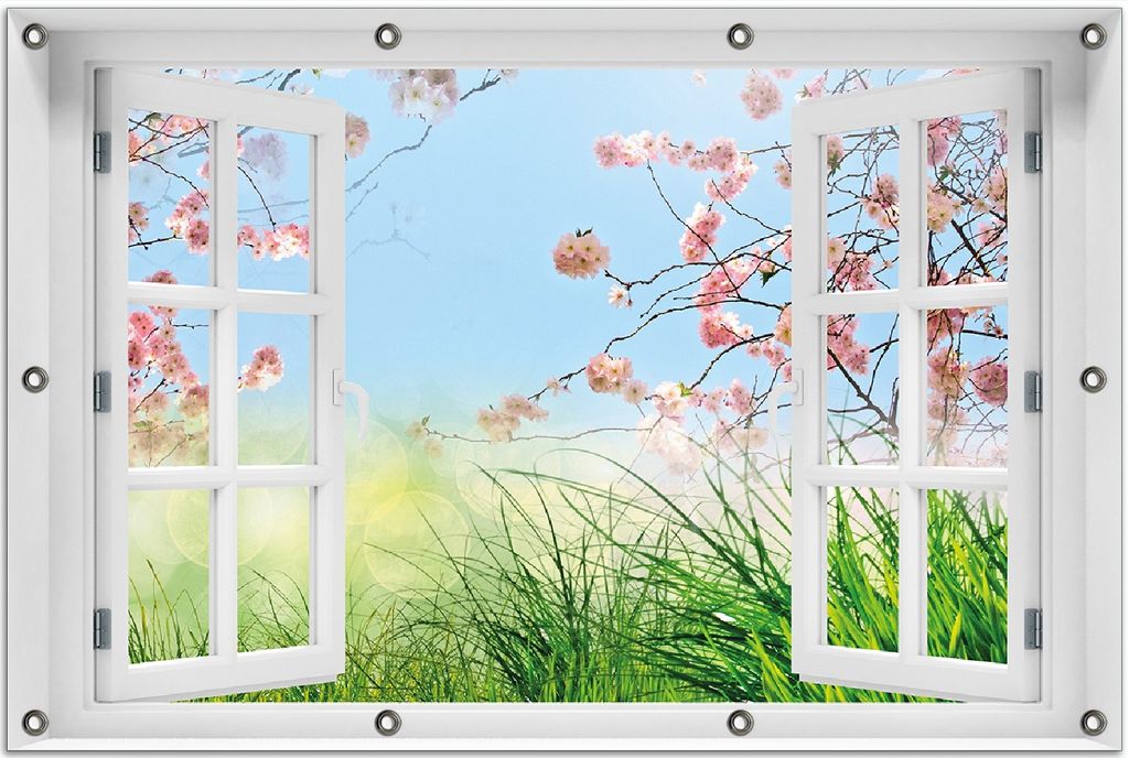 Wallario Outdoor-Poster für Garten oder Balkon 80 x 120 cm: Kirschblütenzweige und grüne Wiese- Frühling