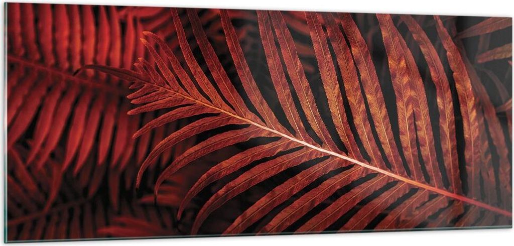 Bilder auf glas - Einteilig - Rot Blätter Palmen - 100x40cm - Glasbilder - Wandbilder - Bilder - zum Aufhängen bereit - Wanddekoration aus Glas -...