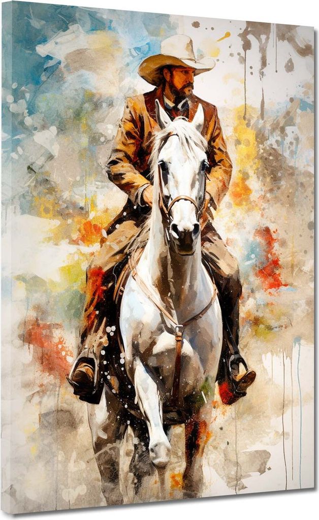 Western Cowboy Mann auf Pferd Pop Art Leinwandbild Wandbild XL Wanddeko: 90x120x4cm
