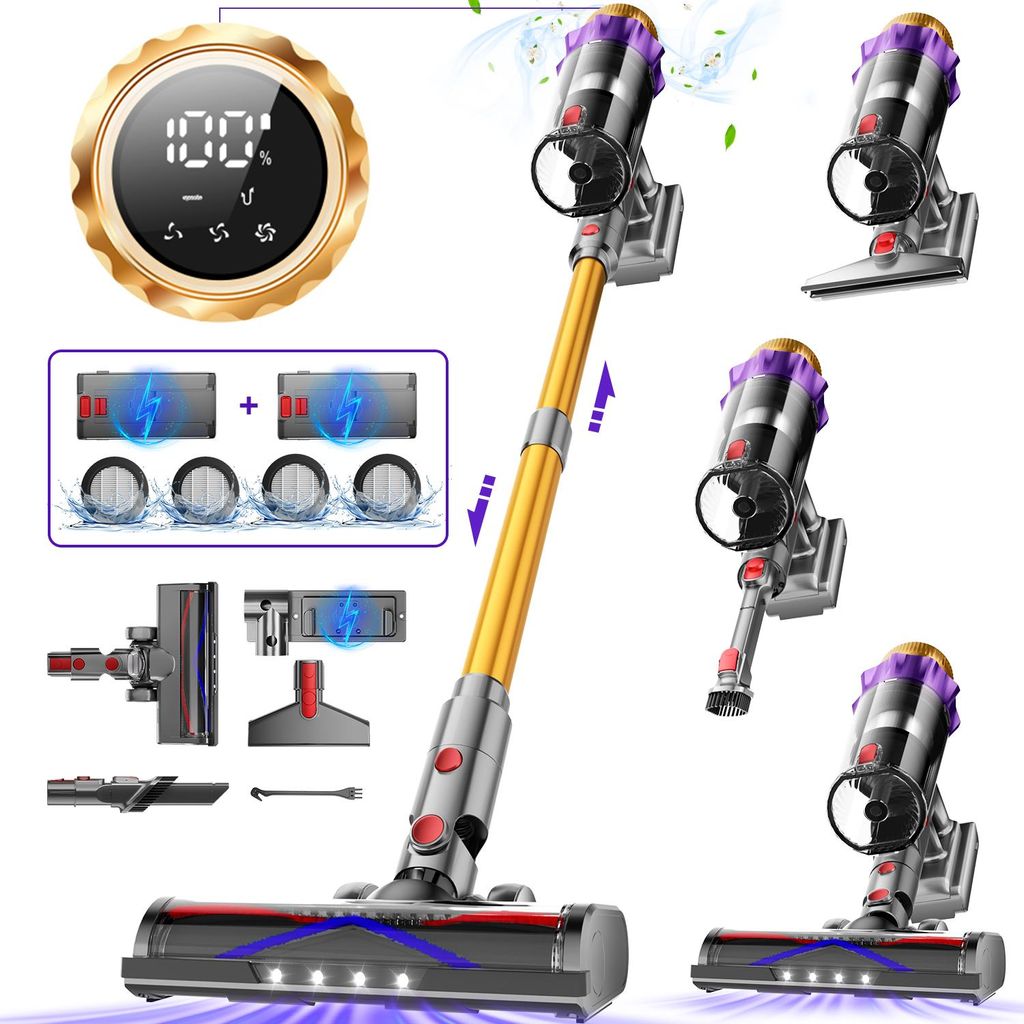 79000Pa Akku Staubsauger,600W/70Min Staubsauger Kabellos,akkustaubsauger mit LED Display/Anti-Tangle-Bürste,drei Gänge,10-in-1,Handstaubsauger,2L