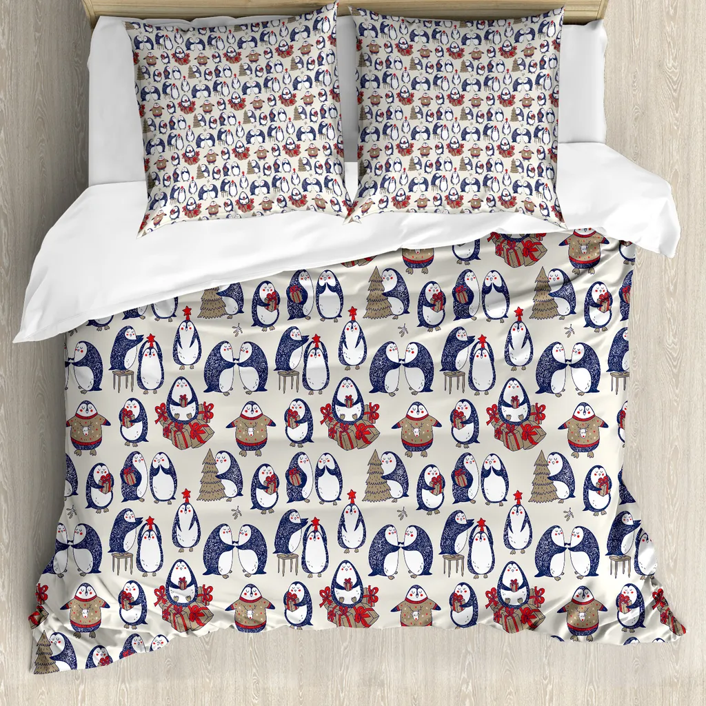 ABAKUHAUS Copripiumino natalizio, Grunge Penguins Boxes, antiacaro e anallergico, con federe, 200 cm x 200 cm - 80 x 80 cm, blu navy e bianco Umber