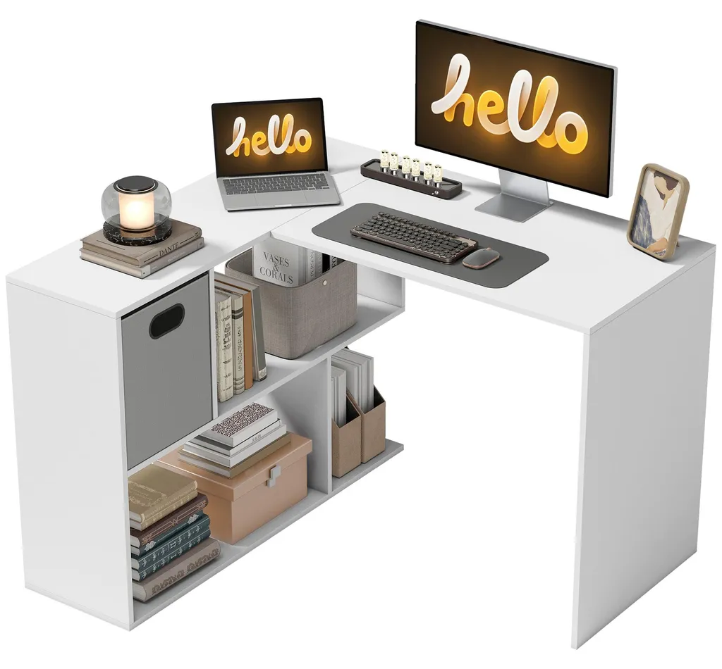 Bureau d'angle blanc avec tiroir tissu et rangements - 110 x 100 cm