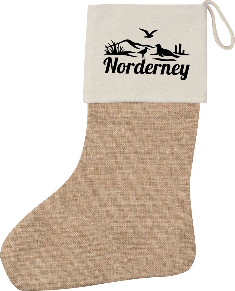 Huuraa Weihnachtsstrumpf Norderney Strandmotiv Beige Jute Kaminstrumpf Geschenkidee
