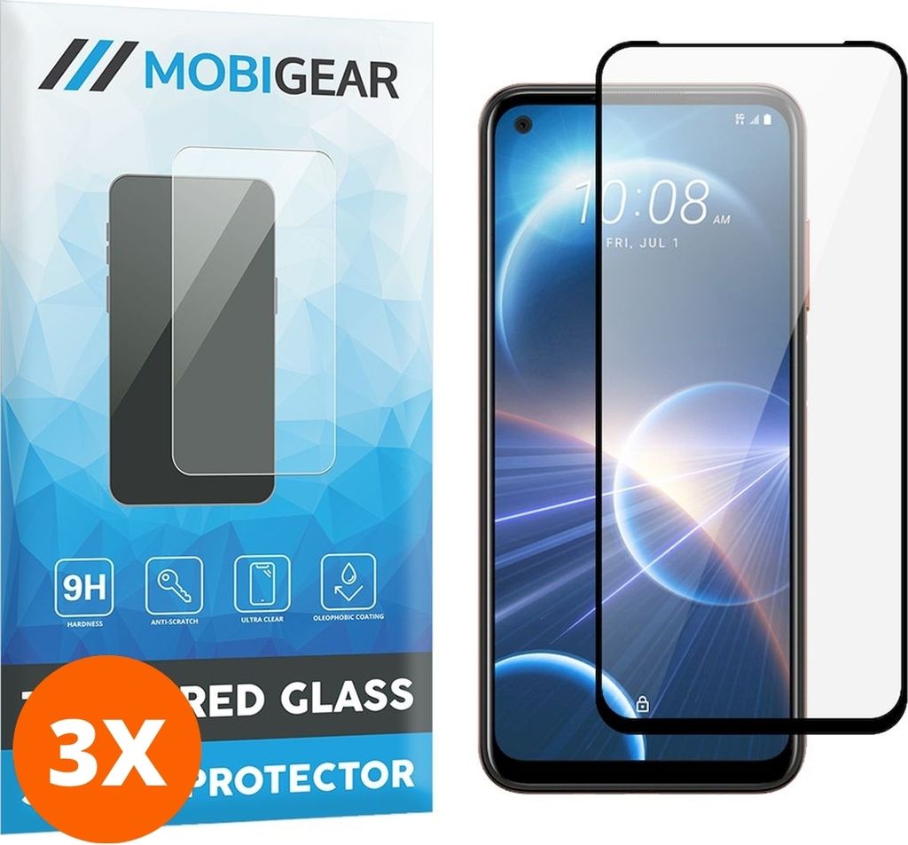 Mobigear Premium 9.98 HTC Desire 22 Pro Panzerglas Gehärtetes Glas Displayschutz - Hüllenfreundlich - Schwarz (3er Pack)