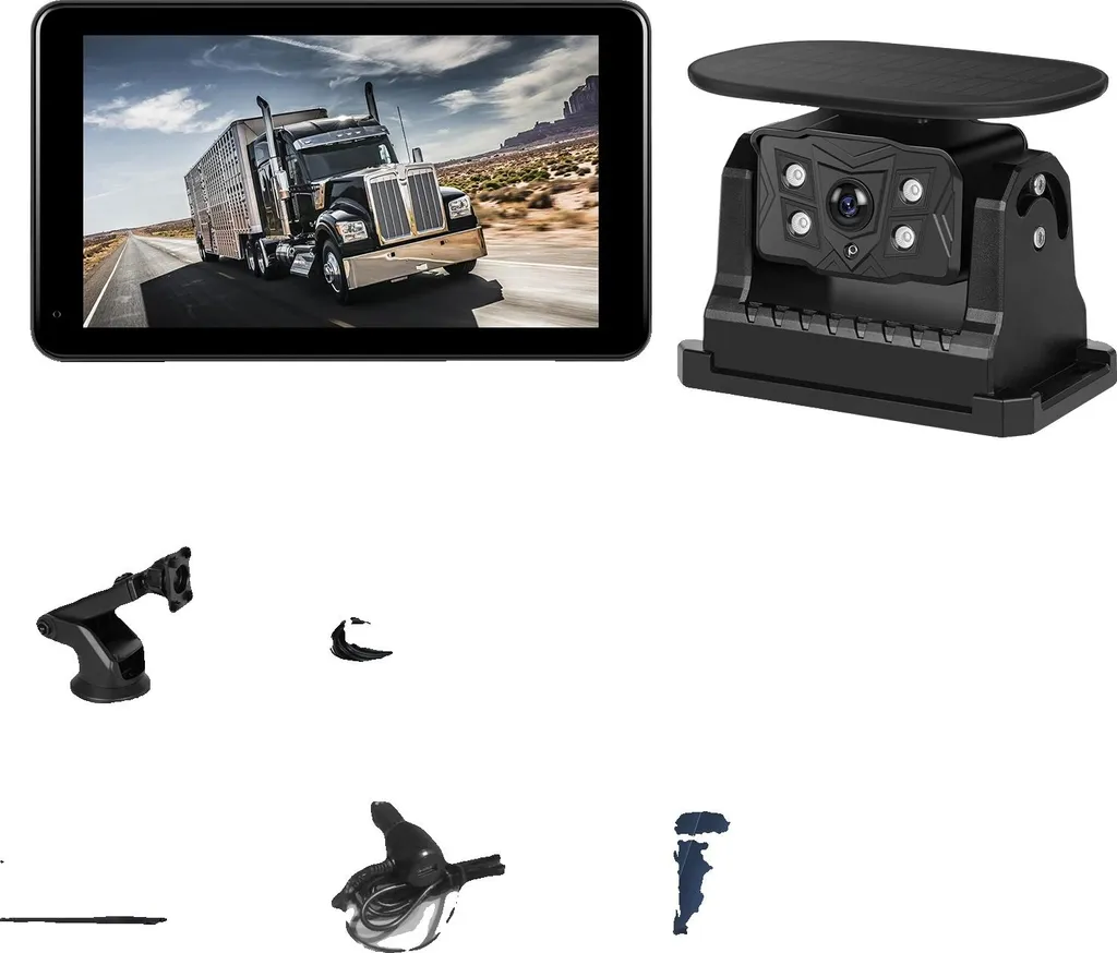 Moniteur de voiture 720P avec caméra de recul et recharge solaire - Kit complet