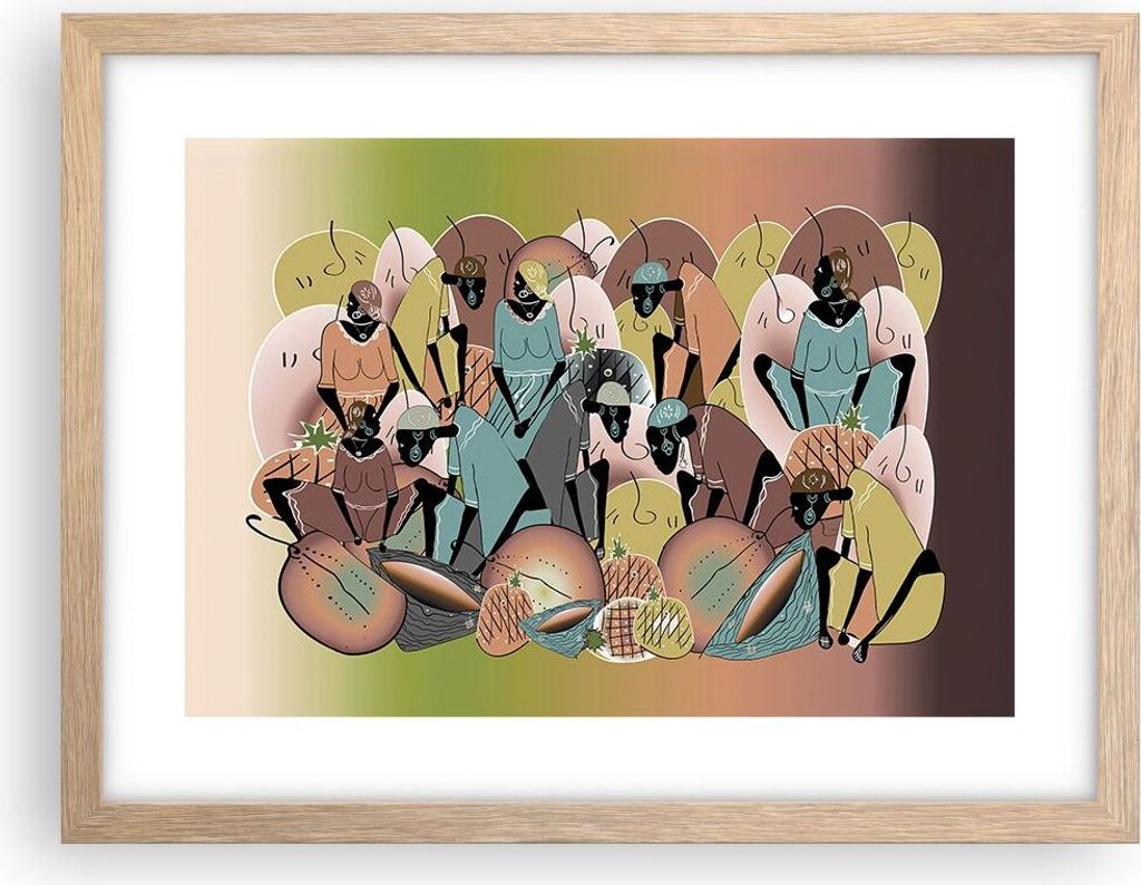 Gerahmtes Poster - Rahmen in heller Eiche - Afrikanisch Grafik Frauen - 40x30 cm - Wand Bild - Wanddeko - Wandbilder - Kunstposter - Wandposter - B...