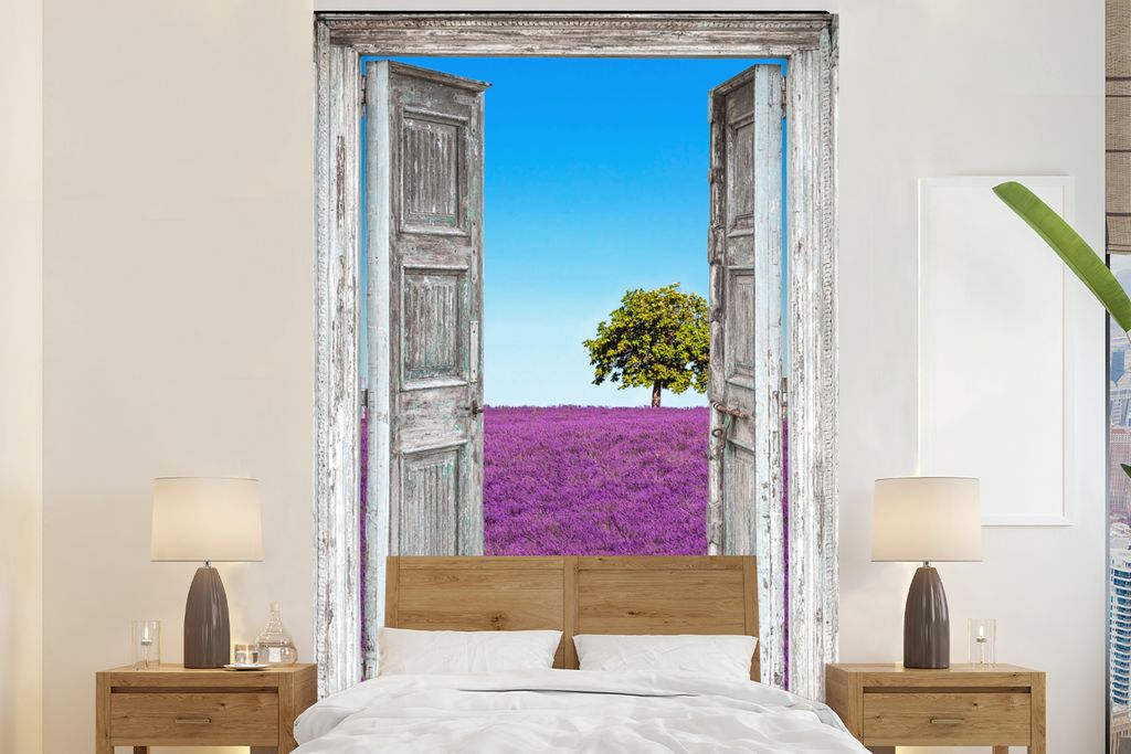 MuchoWow Fototapete für Wohnzimmer oder Schlafzimmer Wandtapete Vinyl Motivtapete Blumen - Lavendel - Ansicht - 225x350 cm - Schlafzimmer tapete