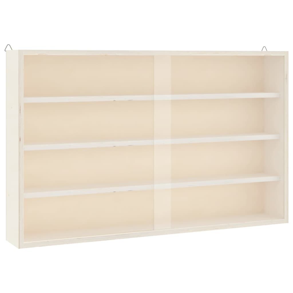 A white wooden display cabinet with multiple shelves and transparent sliding doors, shown against a white background.