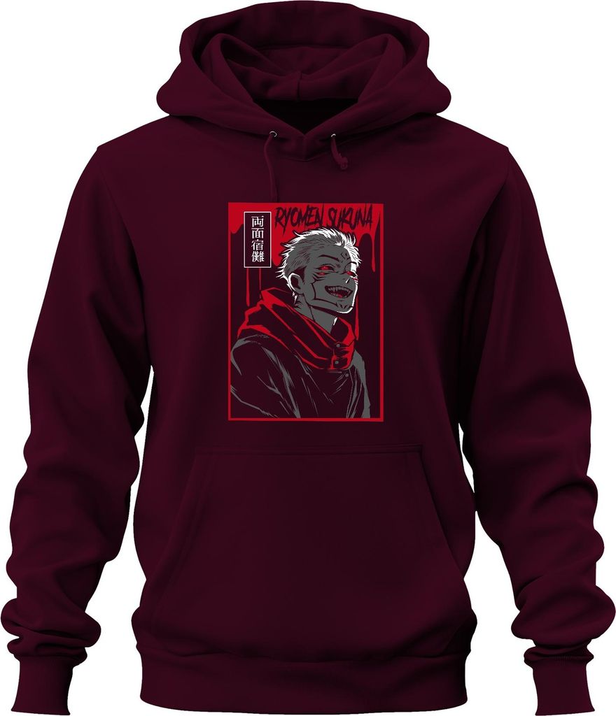 Ryomen Sukuna Jujutsu Kaisen Dämon Rot Schwarz Anime Ästhetik Uni Hoodie Kapuzenpullover, Burgundy, L