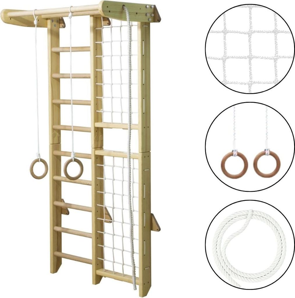 Sprossenwand Kinderzimmer indoor + Turnringe | Klettergerüst Kinderzimmer | Spielplatz Kletternetz | Holz
