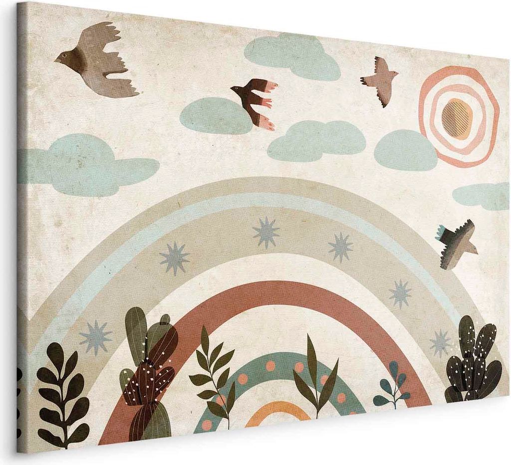 Italienischer Leinwand Leinwandbild - Rainbow and Sun Above - Birds in Subdued Colors Flying Among Clouds Above a Rainbow and Various Plants on a L...