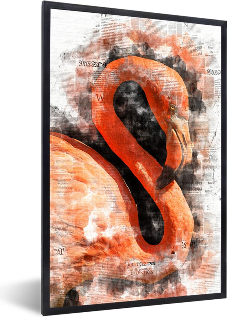 MuchoWow MuchoWow Gerahmtes Poster Porträt - Flamingo - Zeitung 20x30 cm - Poster mit zchwarzem Bilderrahmen - Drucken - Bilder Poster im Rahmen