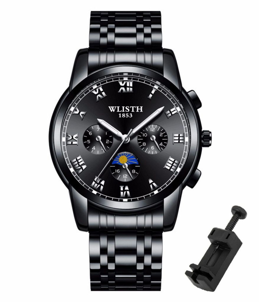 A black wristwatch with a metal band and a black dial, shown against a white background. A small tool for adjusting the watch band is also visible to the right.