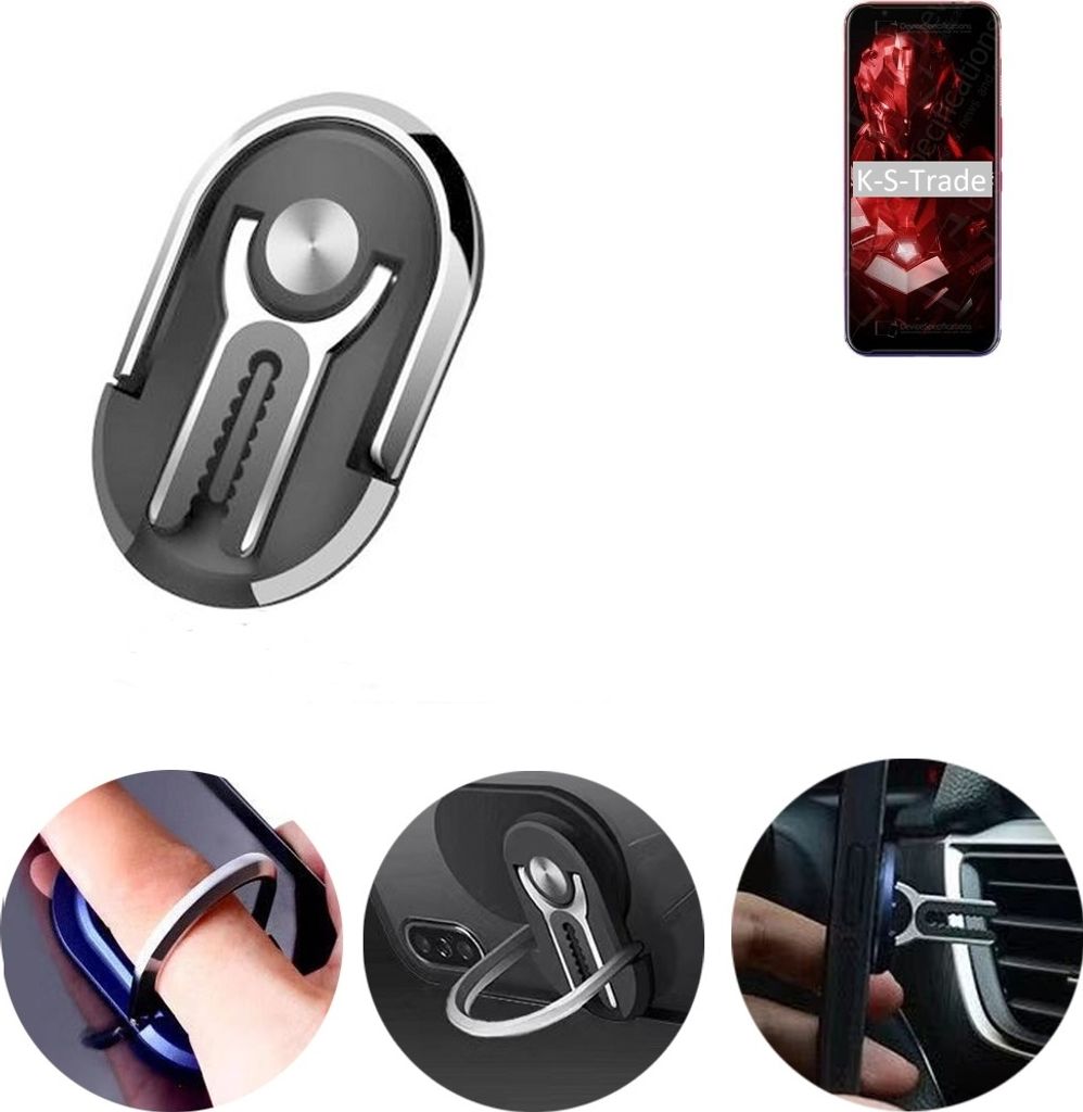 K-S-Trade 3in1 Smartphone-Ring Handy-Ring kompatibel mit nubia Red Magic 3S Fingerhalterung Handyring Tischständer Lüftungsgitter-Halterung Tisch
