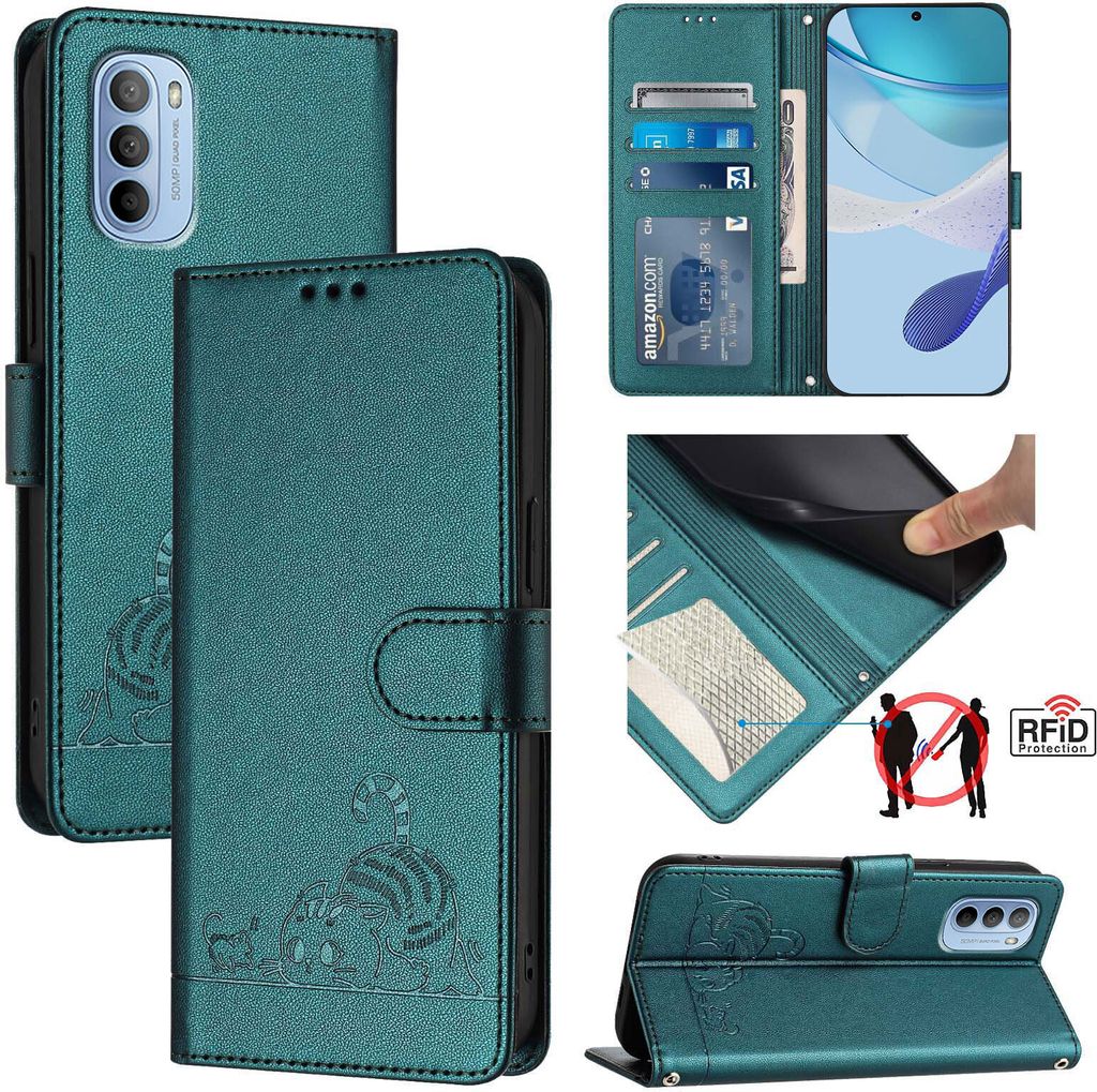 Leder Hülle für Motorola Moto G31/Moto G41 4G Süße Katze Flip Case Brieftasche Schutzhülle mit Standfunktion Grün
