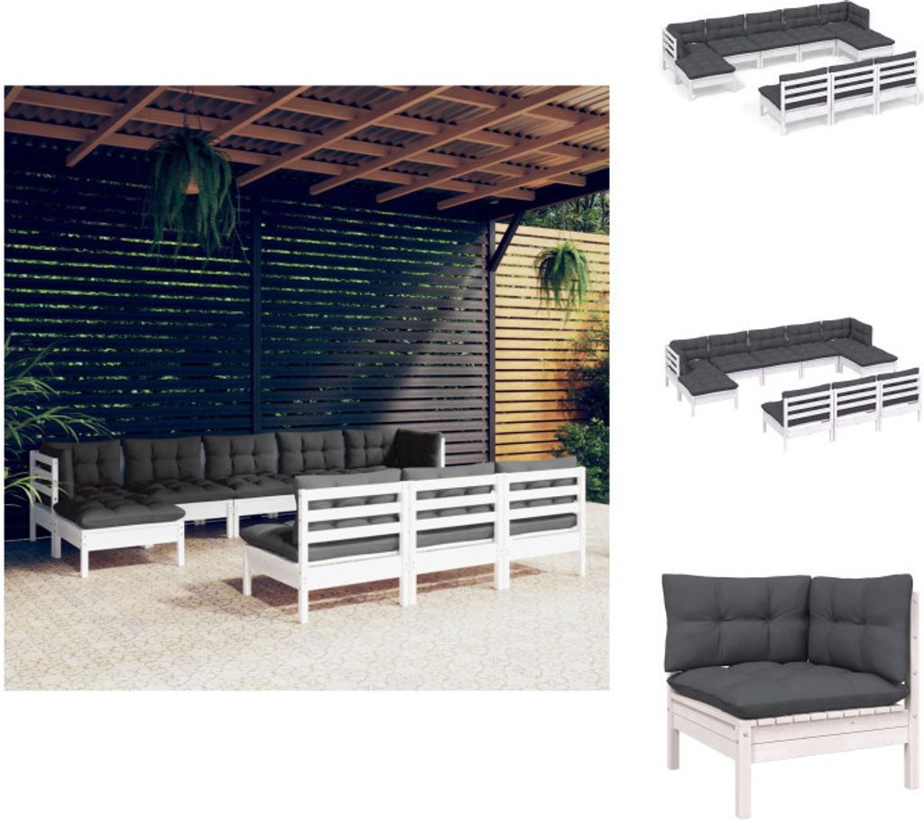 vidaXL 10-tlg. Garten-Lounge-Set mit Kissen Weiß Kiefernholz - Gartenmöbel-Sets