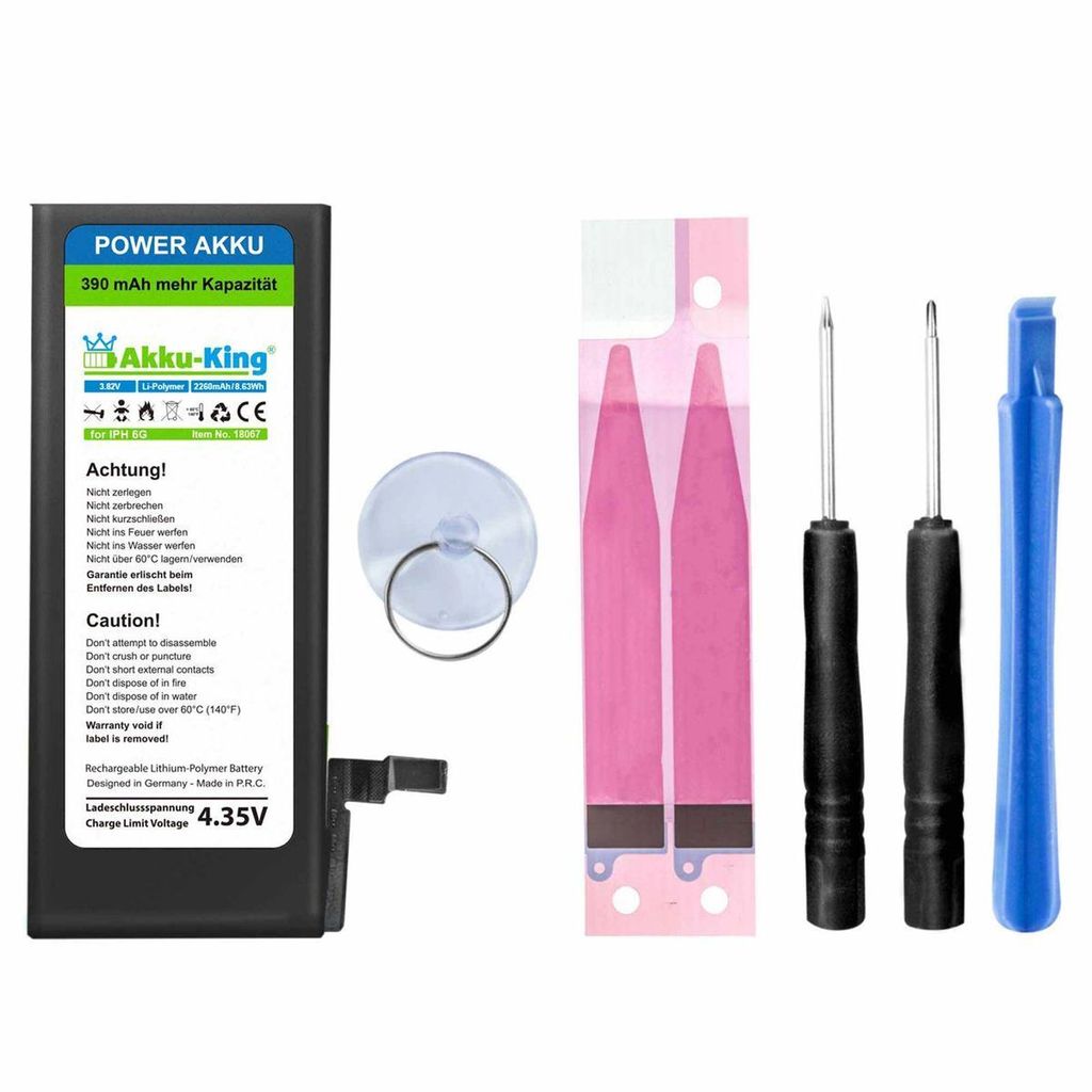 Power-Akku kompatibel mit iPhone 6 / 6G - Li-Polymer 2260mAh - mit Öffnungswerkzeug / Klebestreifen (450mAh mehr)