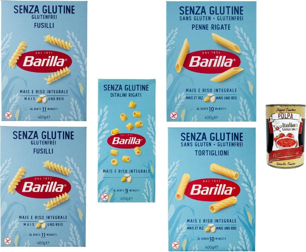 Barilla Testpaket, senza Glutine Glutenfrei pasta nudeln, glutenfree, Fusilli, penne, tortiglioni, ditalini, 5 x 400g + Italian Gourmet polpa 400g