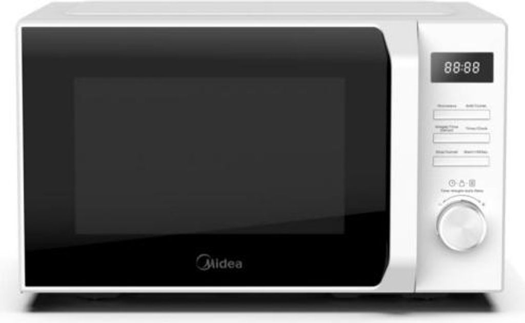 A white Midea microwave oven is shown against a white background.
