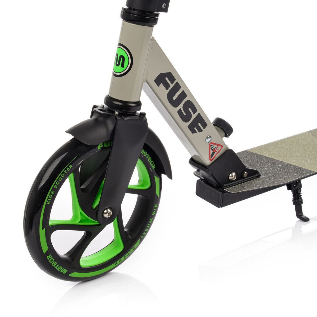 Close-up of the front wheel and part of the frame of a kick scooter.