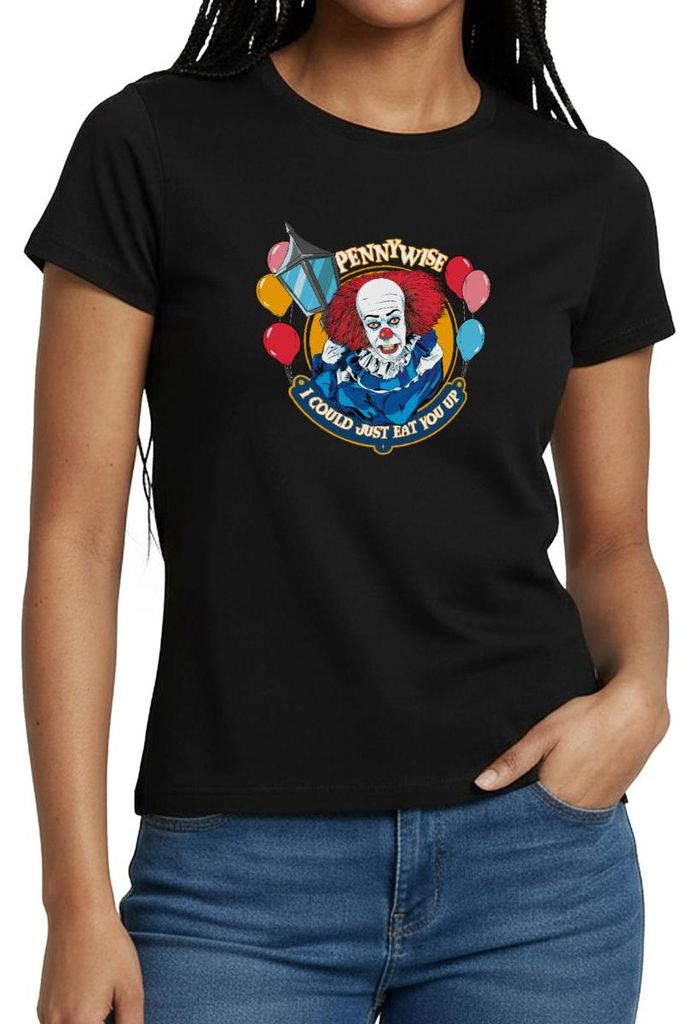 Spreadshirt ES Horrorfilm Pennywise Spruch I Could Just Eat You Up Frauen T-Shirt, S, Schwarz
