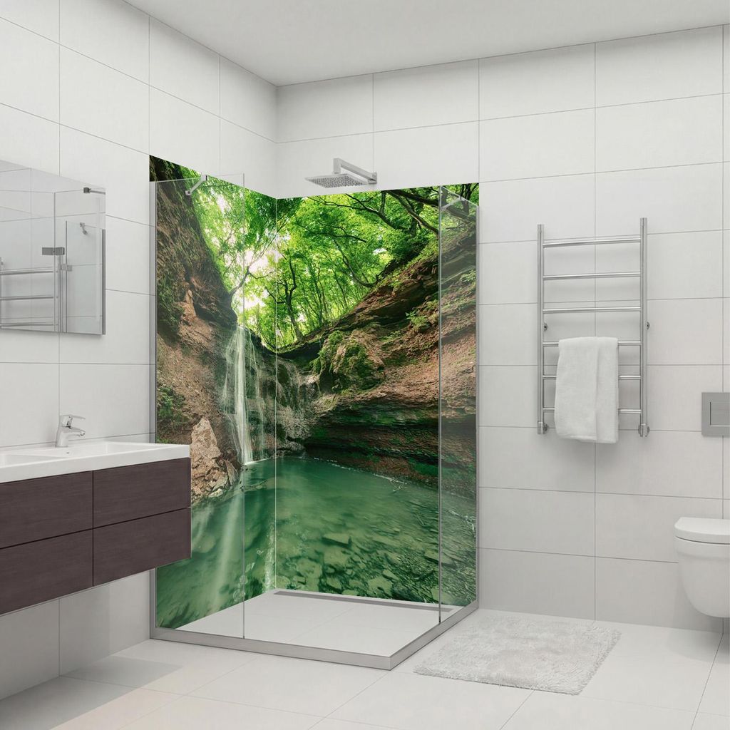 dedeco Eck-Duschrückwände Aluminium wasserfest Motiv: Wasserfall V5, 2 x 100x210x0,3cm, Fliesenersatz fugenlos Wandverkleidung Wandpaneele, Germany