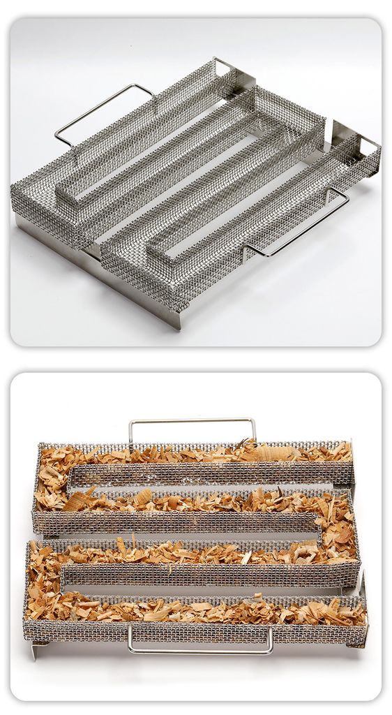 Räucherfiletbox aus Edelstahl,Räucherkorb aus Holz mit Gewürzspänen,BBQ-Räucherblech M-förmiges rundes quadratisches Räucherblech