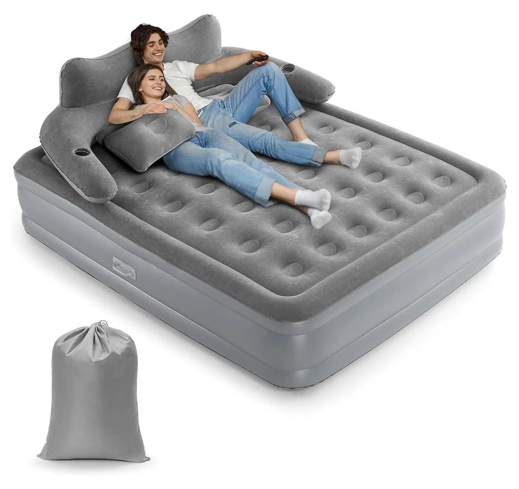 Luftbett für 2 Personen - Selbstaufblasbare Doppel-Luftmatratze - Integrierte Pumpe - 195x150x40 cm - Für Camping & Zuhause - Grau