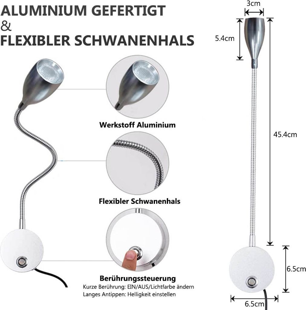 Lampada Da Lettura LED Ricaricabile USB Per Camper E Campeggio - 3 Colori E Collo Flessibile - Luce Da Comodino 12-24V 3W