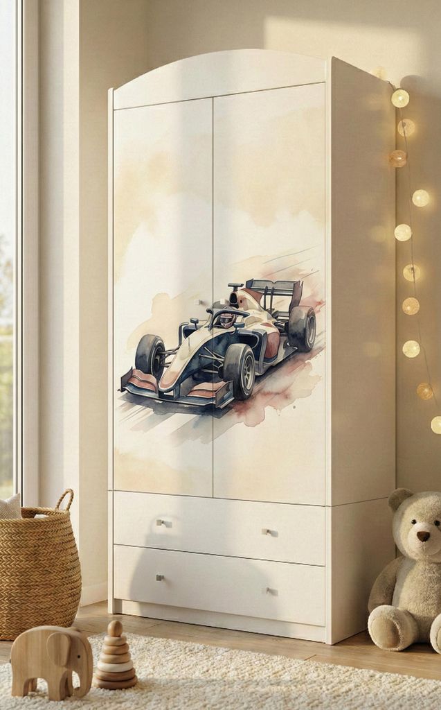 Kinderkleiderschrank mit bezauberndem Motiv – 2-türiger Schrank für Kinderzimmer inkl. 2 Schubladen, Kleiderstange & Einlegeböden, Weiß (88x1...